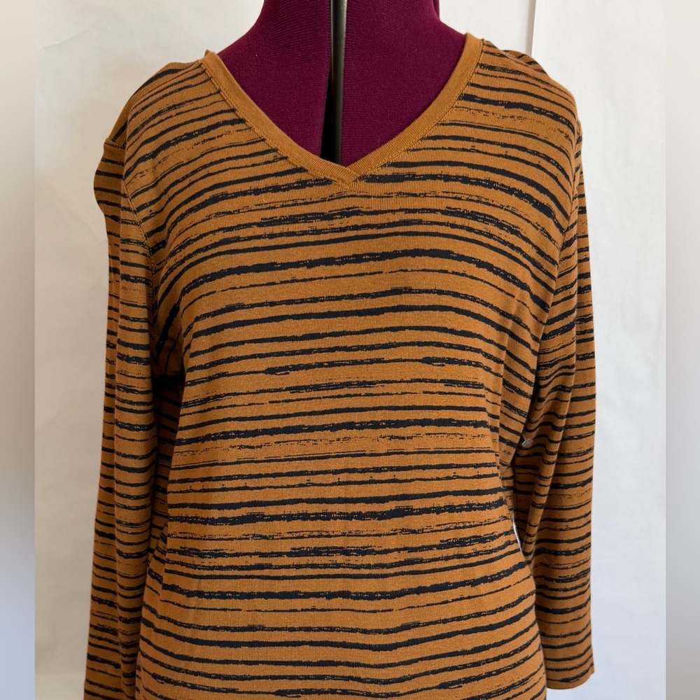 Kim Rogers Womens Top Medium Striped V Neck Long Sleeve Brown Black Cotton Shirt